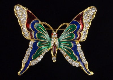 New Vintage Big Enameled Rhinestone Butterfly Brooch