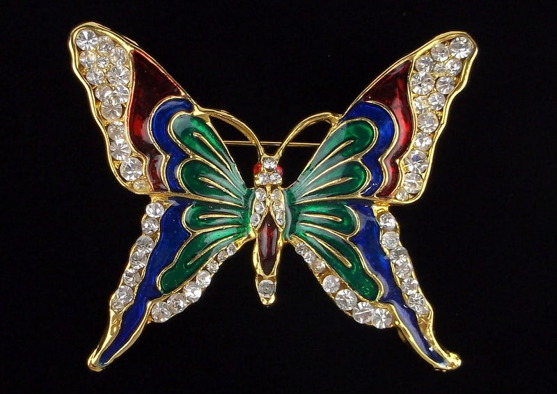 New Vintage Big Enameled Rhinestone Butterfly Brooch