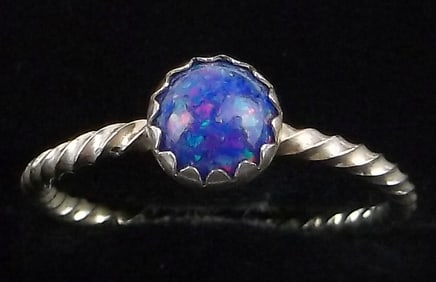 New Navajo Esther White Sterling Silver Blue Red Opal Ring 4.5