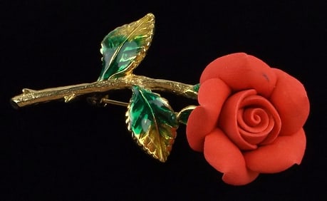 Mint Vintage Enameled Rose Brooch