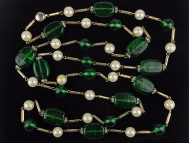 Stunning 1950s Rhinestone Glass Faux Pearl Necklace 48"