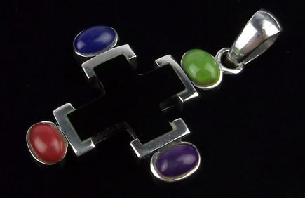 Mint Vint Sterling Silver Gaspeite Spiny Lapis Cross Pendant