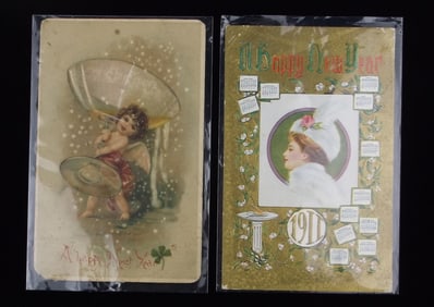 2 Antique 1911 1907 New Years Postcard Lot Art Nouveau