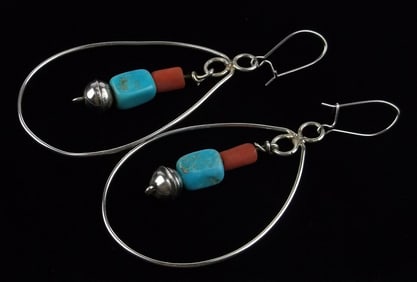 Mint 1950s Navajo Sterling Silver Turquoise Coral Earrings