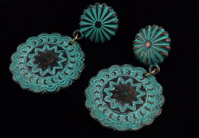 Mint Copper Southwestern Style Drop Concho Earrings