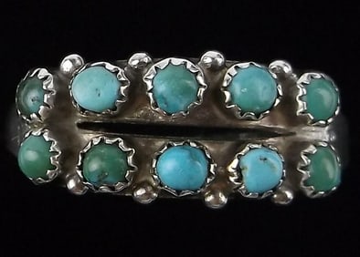 Mint Vint 1950s Navajo Sterling Silver Turquoise 2 Row Ring 7