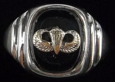 Stunning 1940s Sterling Silver US Army Airborne Onyx Ring 9 Parawings