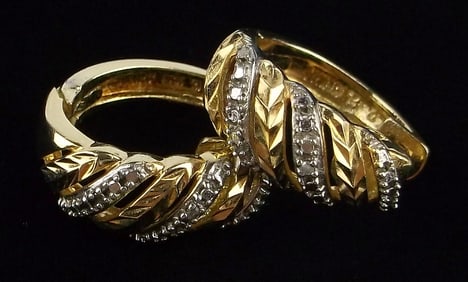 New Gold Over Sterling Diamond Hoop Earrings