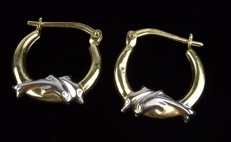 Stunning Vintage Gold Over Sterling Dolphin Hoop Earrings