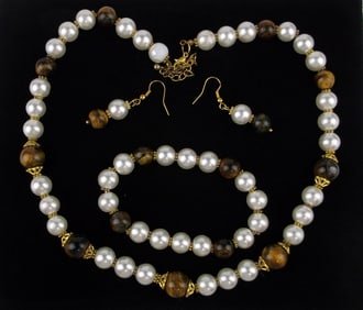 Stunning Vint Tigers Eye Necklace Bracelet Earrings Set 22"