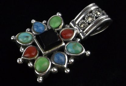 Mint Vint Sterling Silver Turquoise Coral Gaspeite Pendant Reversable