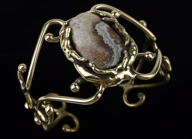 Mint Mid Century Modernist Brass Leopard Jasper Cuff Bracelet 7-8"