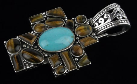 Big Mint Vint Designer Sterling Silver Turquoise Cross Pendant