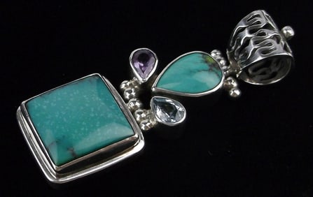 Big Mint Vint Designer Sterling Silver Turquoise Topaz Pendant Amethyst