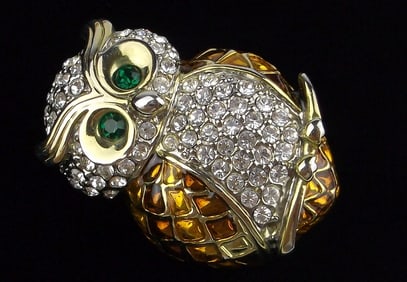 Mint Vintage Enameled Rhinestone Owl Brooch Designer