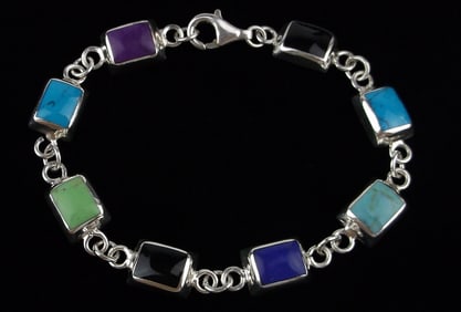 Mint Vint Heavy Taxco Sterling Turquoise Lapis Bracelet 7.75"