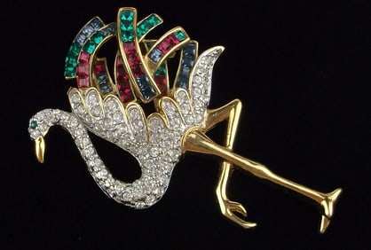 New Vintage Enameled Rhinestone Flamingo Brooch