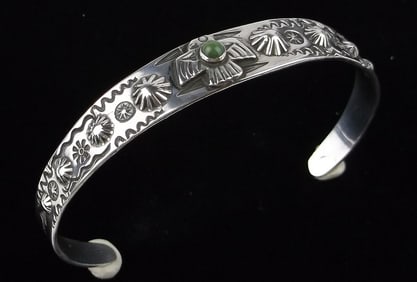 Mint 1930s Navajo Sterling Turquoise Thunderbird Cuff Bracelet 7.5"