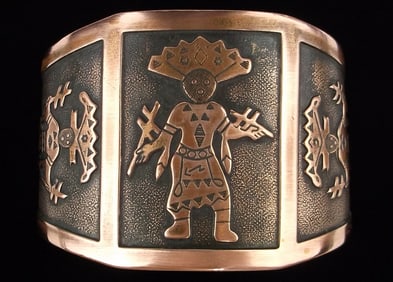 Big Antique 1950s Navajo Copper Kachina Doll Cuff Bracelet 8"