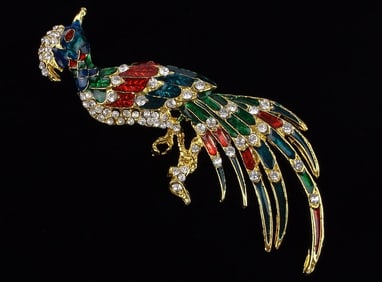 New Vintage Big Enameled Rhinestone Peacock Brooch