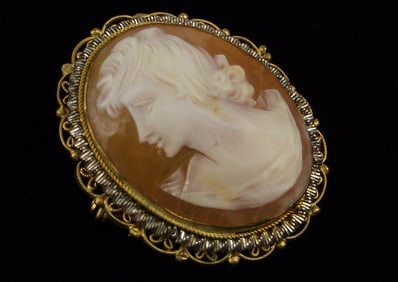 Mint Antique 1940s Sterling 12kt GF Shell Cameo Brooch Pendant