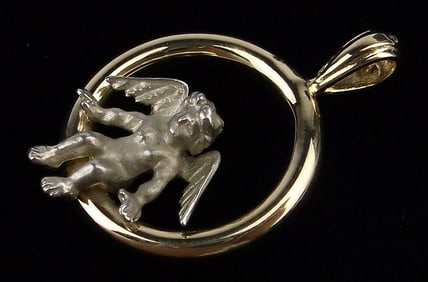 Mint Vintage 14kt Gold Hoop With Angel Sitting Pendant 1.35g