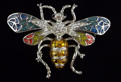 Mint Vintage Enameled Rhinestone Bee Insect Brooch