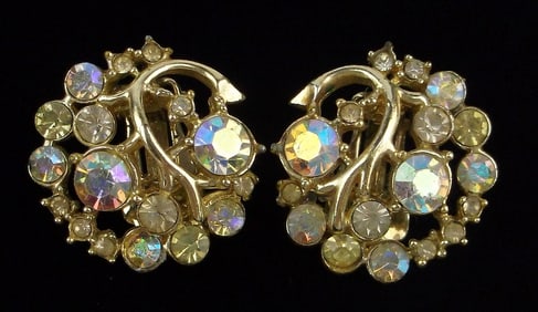Stunning Antique 1950s Aurora Borealis Rhinestone Earrings