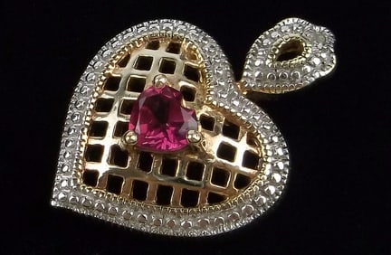 Mint Vintage Gold Over Sterling Diamond Ruby Heart Pendant