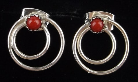 New Navajo Mary Yazzie Sterling Silver Red Coral Moon Earrings