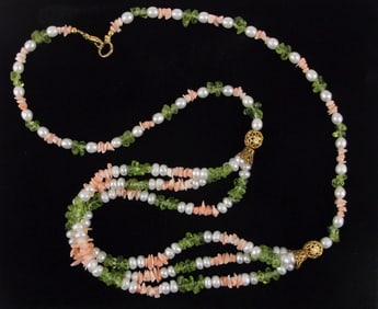 Mint Vint 1960s Pink Coral Pearl Peridot Necklace 24"