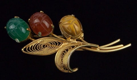 Mint 1960s Burt Casell 12kt GF Egyptian Scarab Beetle Brooch Gem