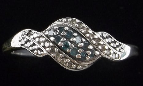 Stunn Vint Designer Sterling Silver Blue White Diamond Ring 10