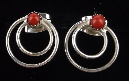 New Navajo Mary Yazzie Sterling Silver Red Coral Moon Earrings