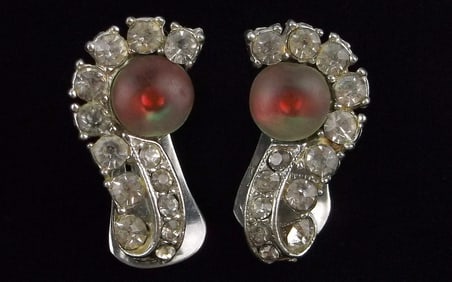 Stunning Antique 1940s Signed Rhinestone Cat Eye Earrings Set
