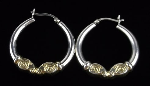 Gorgeous Big Vint Italian Sterling Silver Rams Head Hoop Earrings