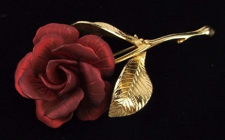 Mint Vintage Cerrito Enameled Rose Brooch