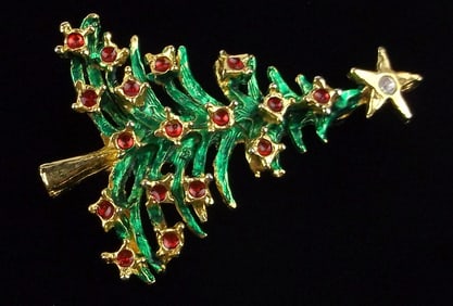 Mint Vintage Enameled Rhinestone Christmas Tree Brooch