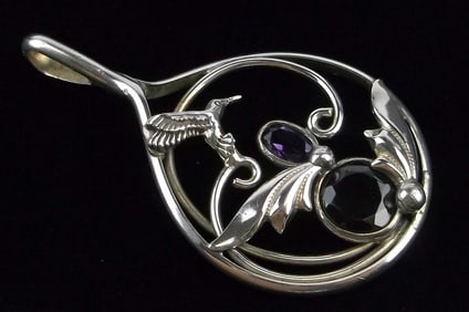 Stunning Vint Big Sterling Silver Hummingbird Amethyst Pendant