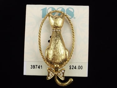 New On Card Vintage 1928 Brand Rhinestone Cat Brooch Tail Wags