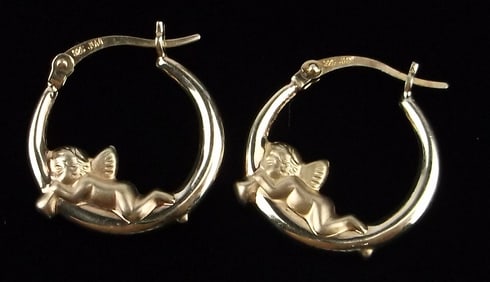 Stunning Vint Gold Over Sterling Cherub Angel Hoop Earrings