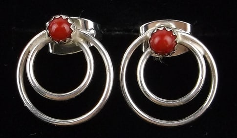 New Navajo Mary Yazzie Sterling Silver Red Coral Moon Earrings