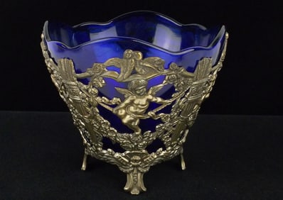 Mint Antique 1940s Corning Co Cobalt Blue Cherub Bird Dish