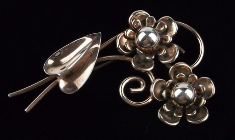 Stunning Thick Antique 1950s Sterling Silver Flower Brooch