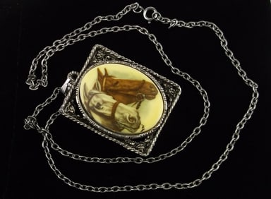 Mint Big Vint 1950s 4 Horse Double Sided Cameo Necklace 24"