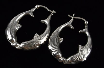 Stunning Vintage Sterling Silver Big Dolphin Hoop Earrings