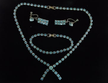 Antique 1930s Rhinestone Necklace Earrings Bracelet Set 14' 6.5"