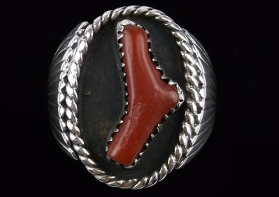 Big Mint 1960s Navajo Celina Yazzie Sterling Red Coral Ring 12.5 Mens