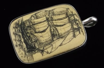 Big Mint 1950s Inuit Sterling Silver Ship Scrimshaw Pendant Signed