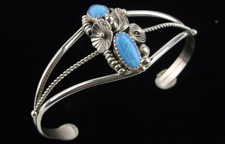 New Navajo Maxine Calladito Sterling Blue Opal Cuff Bracelet 7-8"